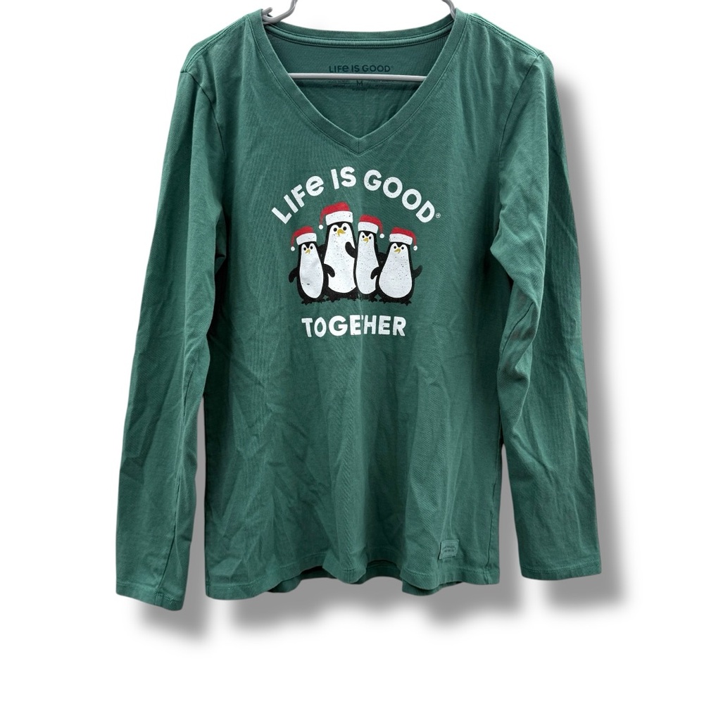 Life is Good Long Sleeve Crusher Tee‎ Penguin Graphic Pullover V Neck Green Sz M